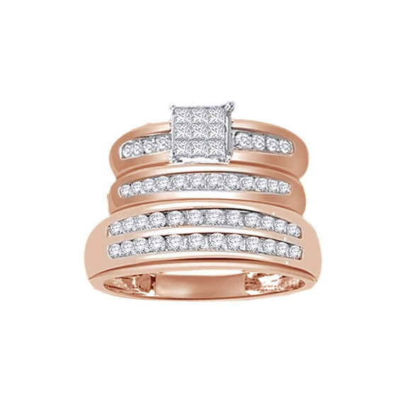 AFFY White Natural Diamond Engagement & Wedding Trio Band Ring Set In 14k Rose Gold Over Sterling Silver (1 Cttw)