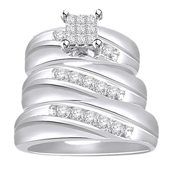 AFFY White Natural Diamond Engagement & Wedding Trio Band Ring Set In 14k White Gold Over Sterling Silver (0.67 Cttw)