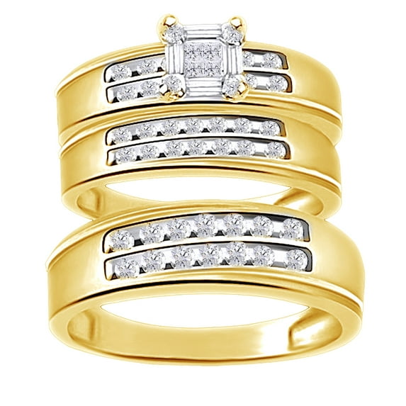 AFFY White Natural Diamond Engagement & Wedding Trio Band Ring Set In 14k Yellow Gold Over Sterling Silver (0.5 Cttw)