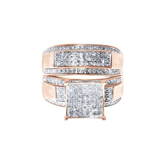 AFFY White Natural Diamond Engagement & Wedding Trio Bridal Ring Set In 10k Rose Gold (1.34 Cttw)