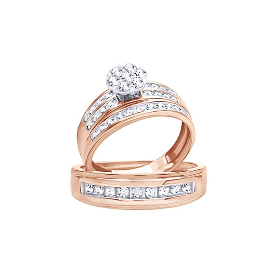 AFFY White Natural Diamond Engagement & Wedding Trio Bridal Ring Set In 10k Rose Gold (1 Cttw)