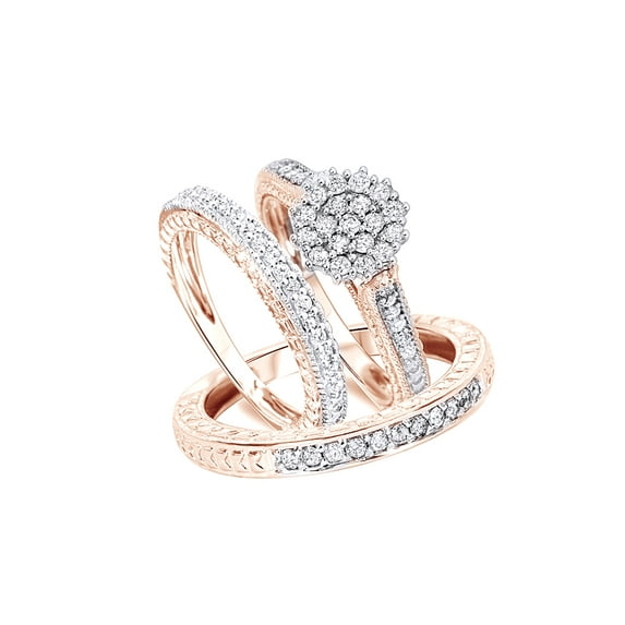 AFFY White Natural Diamond Engagement & Wedding Trio Bridal Ring Set In 10k Rose Gold (1 Cttw)