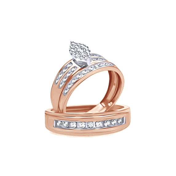 AFFY White Natural Diamond Engagement & Wedding Trio Bridal Ring Set In 10k Rose Gold (1 Cttw)