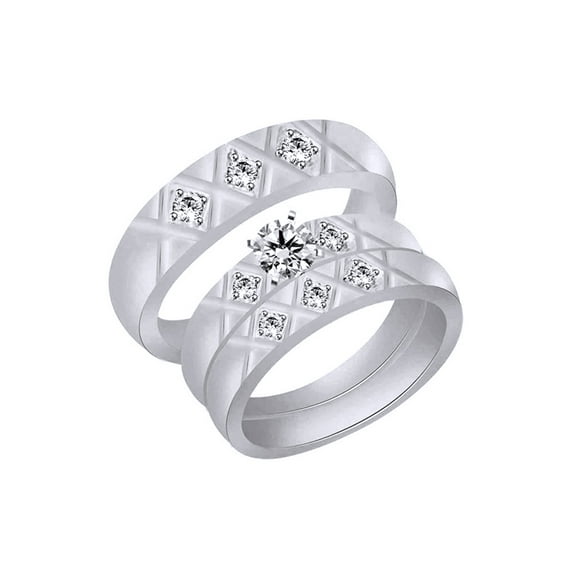 AFFY White Natural Diamond Engagement & Wedding Trio Bridal Ring Set In 10k White Gold (0.13 Cttw)