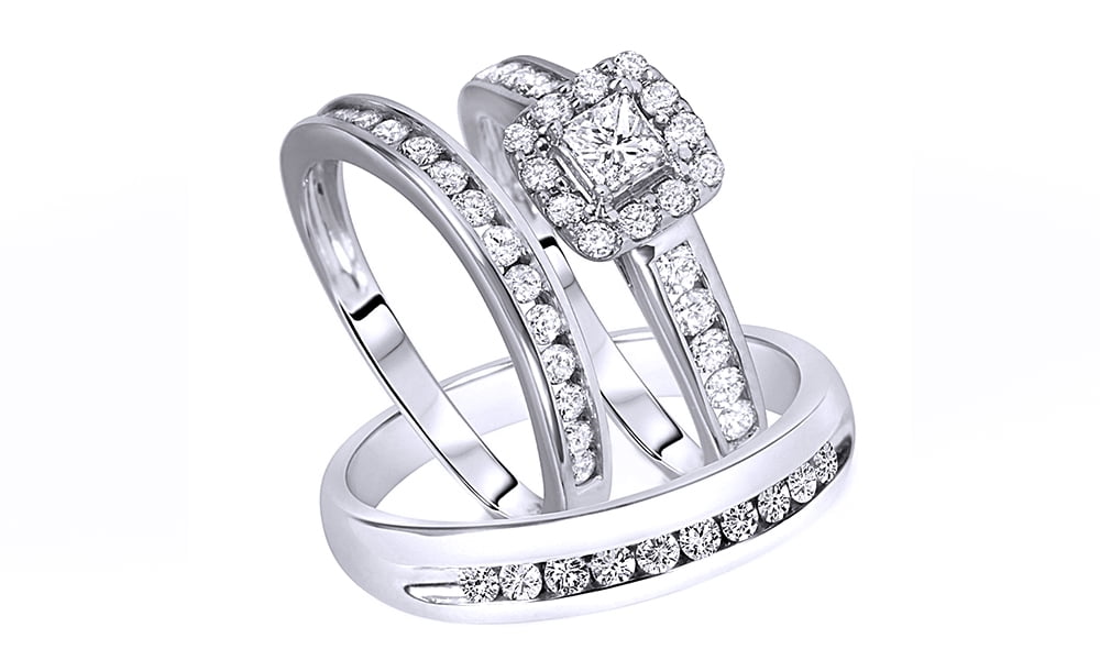 White Natural Diamond Engagement & Wedding Trio Bridal Ring Set In 10k