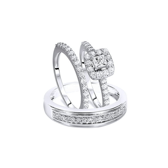 AFFY White Natural Diamond Engagement & Wedding Trio Bridal Ring Set In 10k White Gold (1.2 Cttw)
