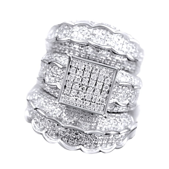AFFY White Natural Diamond Engagement & Wedding Trio Bridal Ring Set In 10k White Gold (1.47 Cttw)