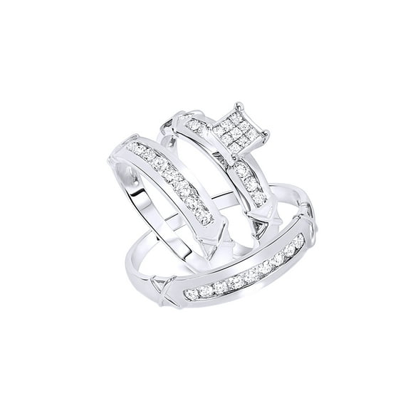 AFFY White Natural Diamond Engagement & Wedding Trio Bridal Ring Set In 10k White Gold (1 Cttw)