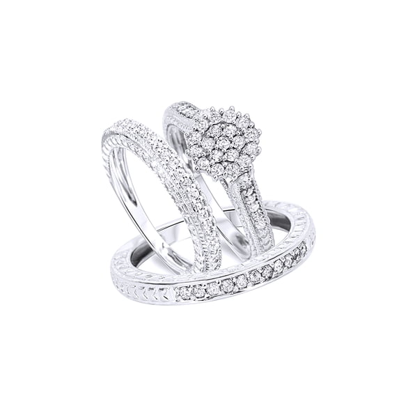 AFFY White Natural Diamond Engagement & Wedding Trio Bridal Ring Set In 10k White Gold (1 Cttw)