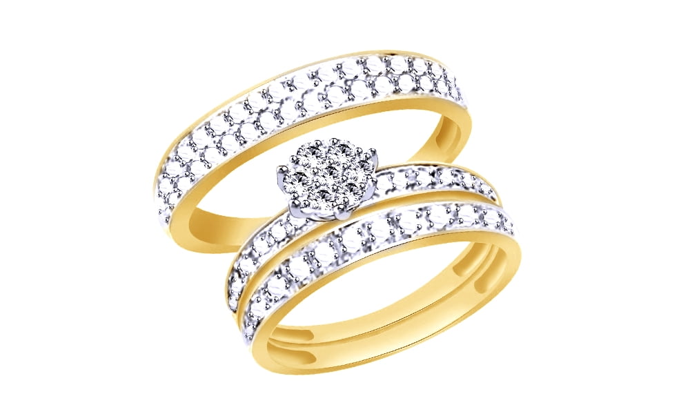White Natural Diamond Engagement & Wedding Trio Bridal Ring Set In 10k