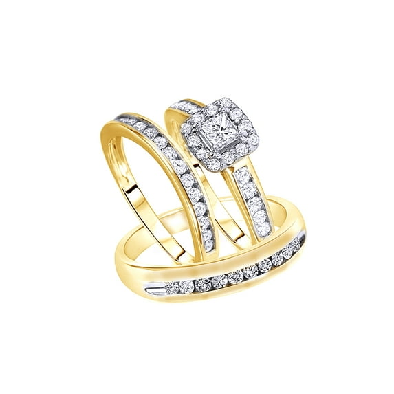 AFFY White Natural Diamond Engagement & Wedding Trio Bridal Ring Set In 10k Yellow Gold (1.2 Cttw)