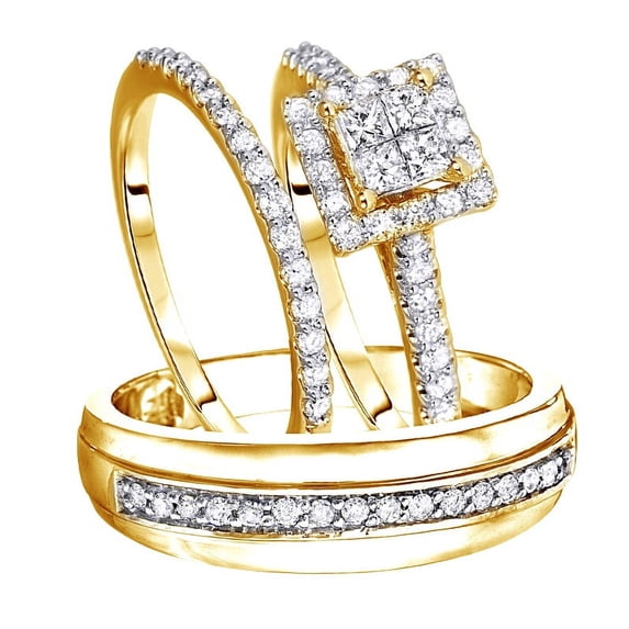 AFFY White Natural Diamond Engagement & Wedding Trio Bridal Ring Set In 10k Yellow Gold (1 Cttw)