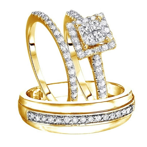 AFFY White Natural Diamond Engagement & Wedding Trio Bridal Ring Set In 10k Yellow Gold (1 Cttw)