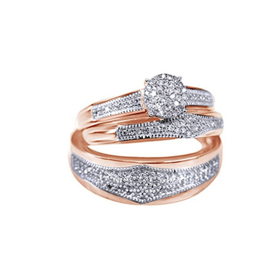 AFFY White Natural Diamond Engagement & Wedding Trio Bridle Ring Set In 10k Rose Gold (0.4 Cttw)