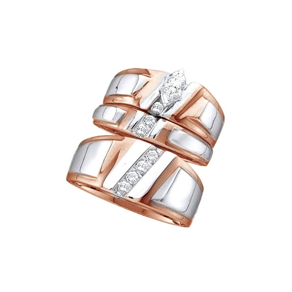 AFFY White Natural Diamond Engagement & Wedding Two-Tone Trio Band Ring Set In 10k Rose Gold (0.25 Cttw)