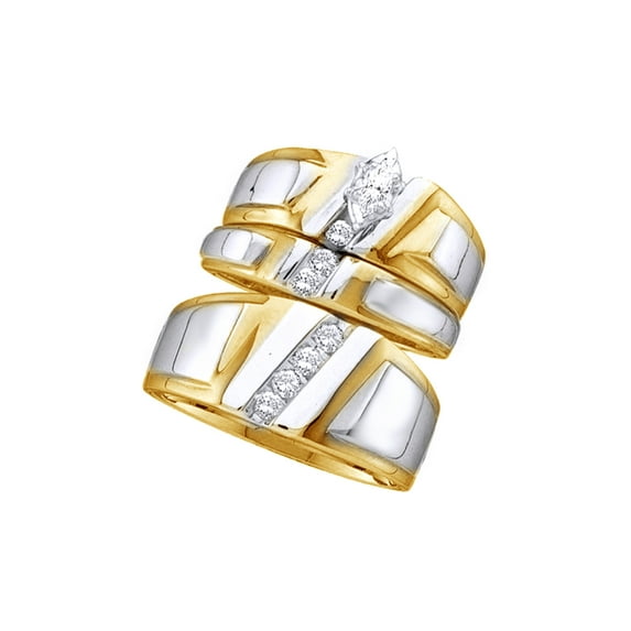 AFFY White Natural Diamond Engagement & Wedding Two-Tone Trio Band Ring Set In 10k Yellow Gold (0.25 Cttw)