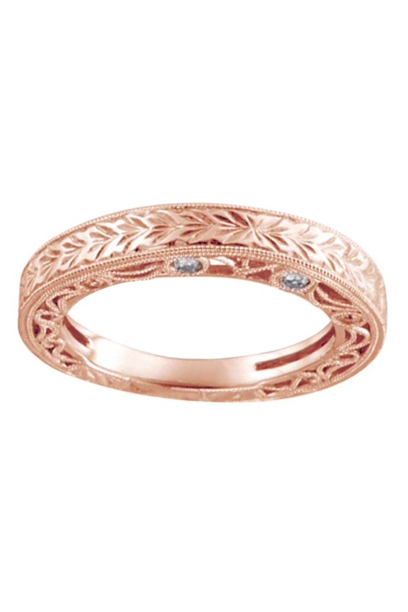 White Natural Diamond Engraved Engagement Wedding Ring In 14K Rose Gold (0.2 Cttw)