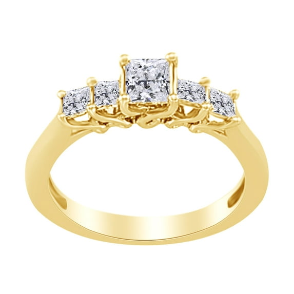 AFFY White Natural Diamond Five Stone Engagement Ring in 14k Yellow Gold (1 Cttw) Ring Size : 7