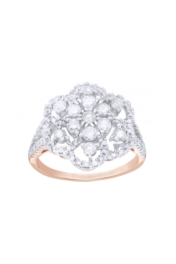 White Natural Diamond Flower Frame Split Shank Ring in 10K Rose Gold (1 cttw)