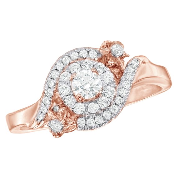AFFY White Natural Diamond Frame Flower Bypass Engagement Ring in 10k Rose Gold