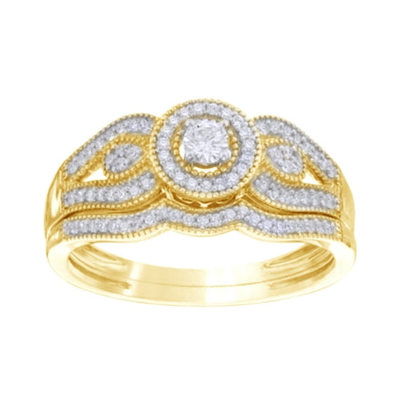 AFFY White Natural Diamond Frame Vintage-Style Split Shank Bridal Ring Set In Solid Gold (0.25 Cttw)
