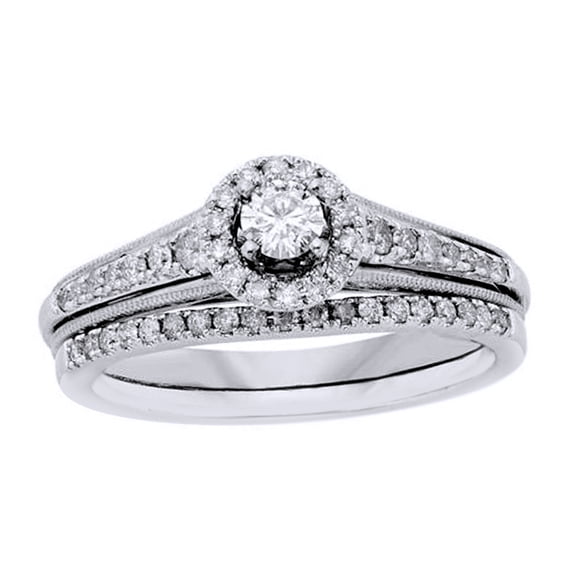 AFFY White Natural Diamond Halo Bridal Ring Set In Solid Gold (0.5 Cttw)