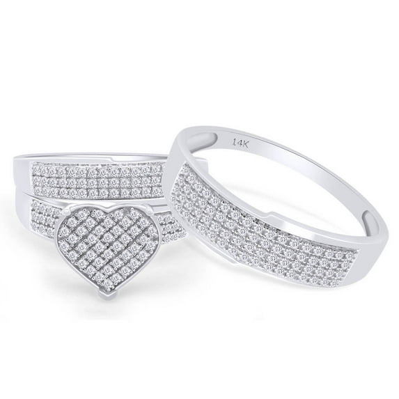 AFFY White Natural Diamond Heart Trio Wedding Ring Set In 14k White Gold (0.75 Cttw), Ring Size- 9