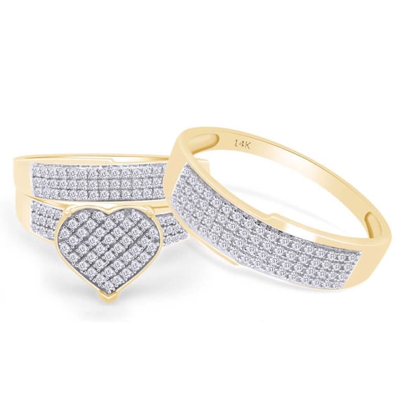 AFFY White Natural Diamond Heart Trio Wedding Ring Set In 14k Yellow Gold (0.75 Cttw), Ring Size -4.5