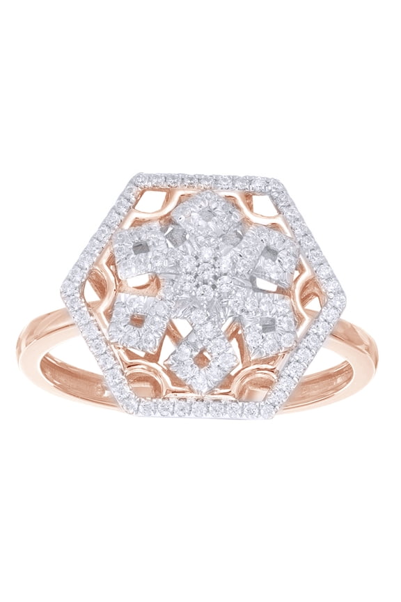 White Natural Diamond Hexagonal Framed Snowflake Ring in 10k Rose Gold
