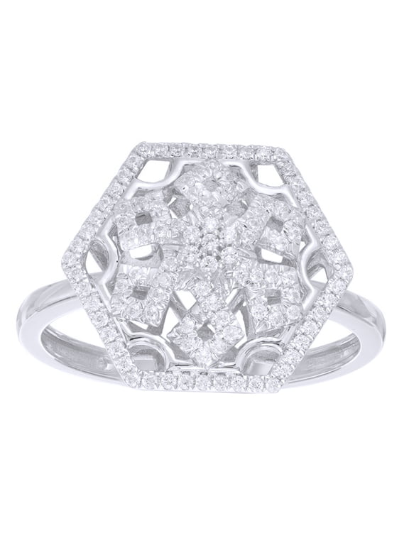 White Natural Diamond Hexagonal Framed Snowflake Ring in 10k White Gold