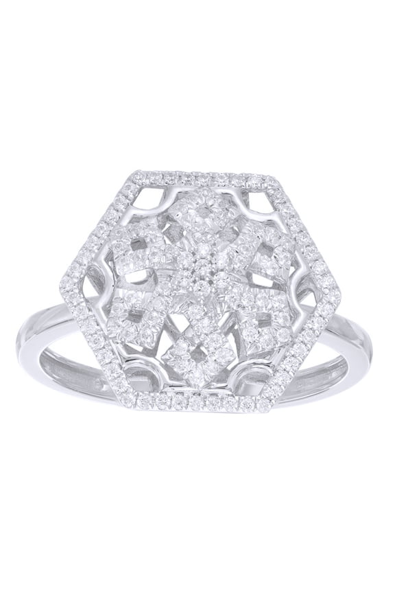 White Natural Diamond Hexagonal Framed Snowflake Ring in 10k White Gold