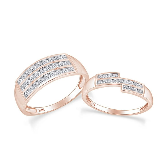 AFFY White Natural Diamond His And Hers Wedding Band Ring Set in 14K Rose Gold (1.13 Cttw)