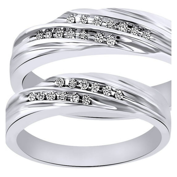 AFFY White Natural Diamond His And Hers Wedding Band Ring Set in 14K White Gold (0.14 Cttw)