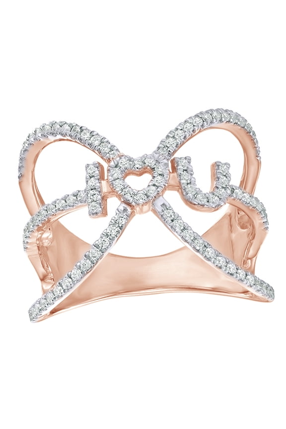 White Natural Diamond I Love U Orbit Cage Heart Ring in 10k Rose Gold