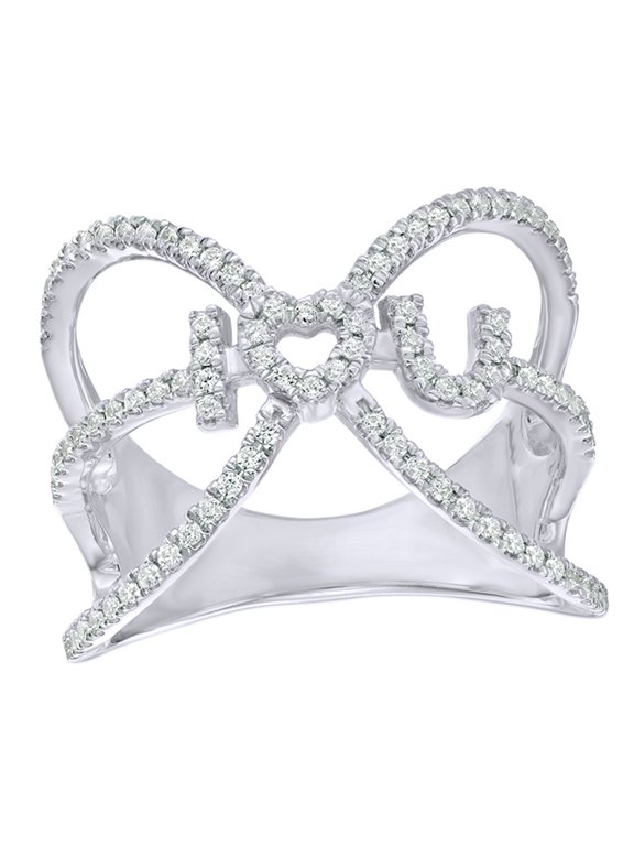 White Natural Diamond I Love U Orbit Cage Heart Ring in 10k White Gold