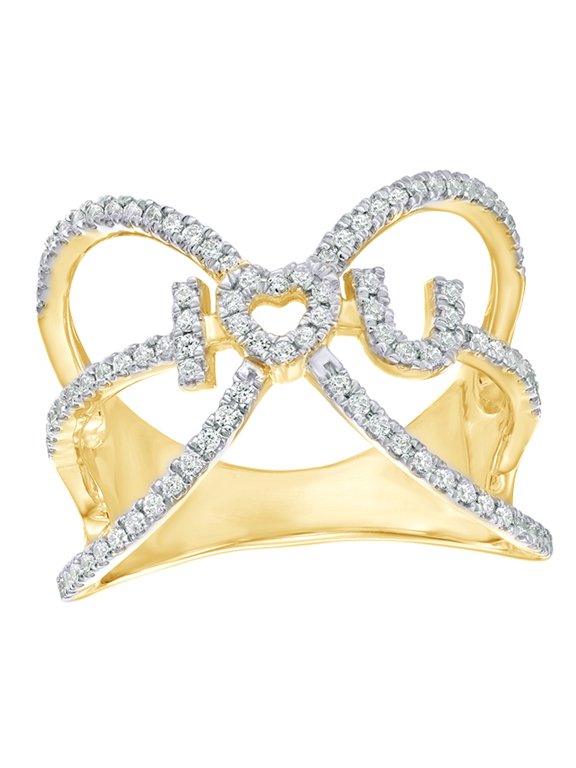 White Natural Diamond I Love U Orbit Cage Heart Ring in 10k Yellow Gold