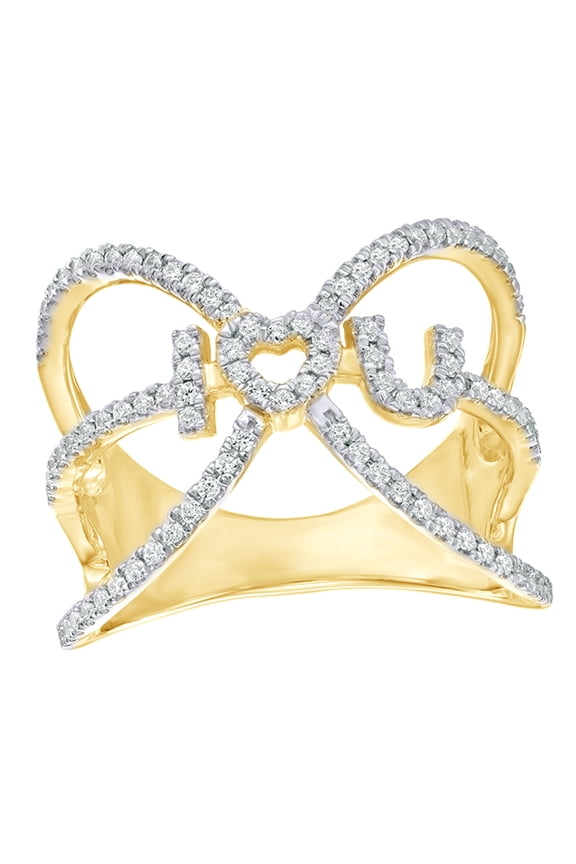 White Natural Diamond I Love U Orbit Cage Heart Ring in 10k Yellow Gold