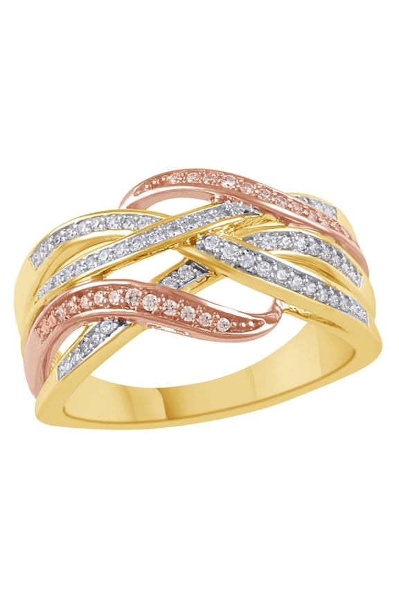 White Natural Diamond Intertwining Multi-Row Ring in Two-Tone 10k Yellow Gold
