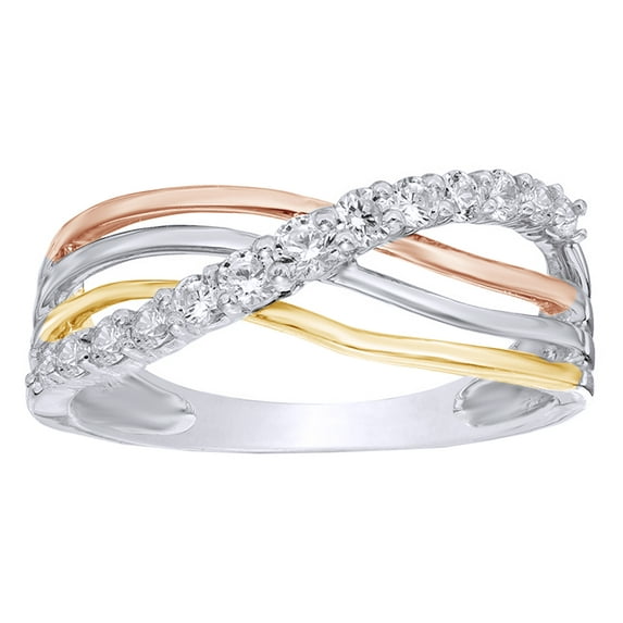 AFFY White Natural Diamond Layered Crossover Ring in 10k Tri-Tone Solid Gold