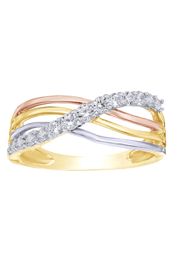 White Natural Diamond Layered Crossover Ring in 10k Tri-Tone Solid Gold