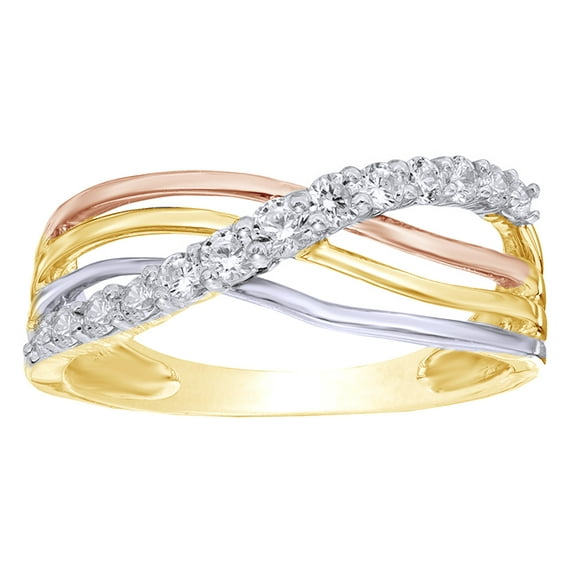 AFFY White Natural Diamond Layered Crossover Ring in 10k Tri-Tone Solid Gold