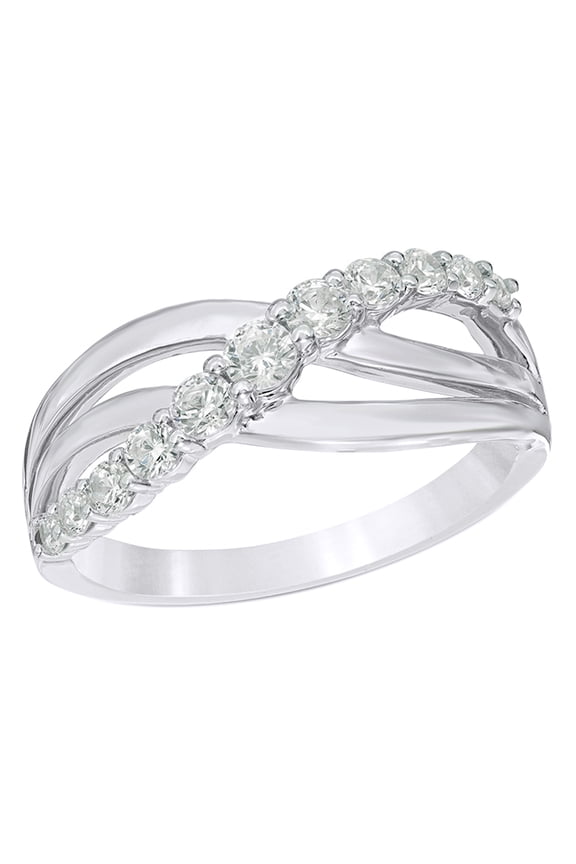 White Natural Diamond Layered Crossover Split Shank Promise Ring in 10k White Gold