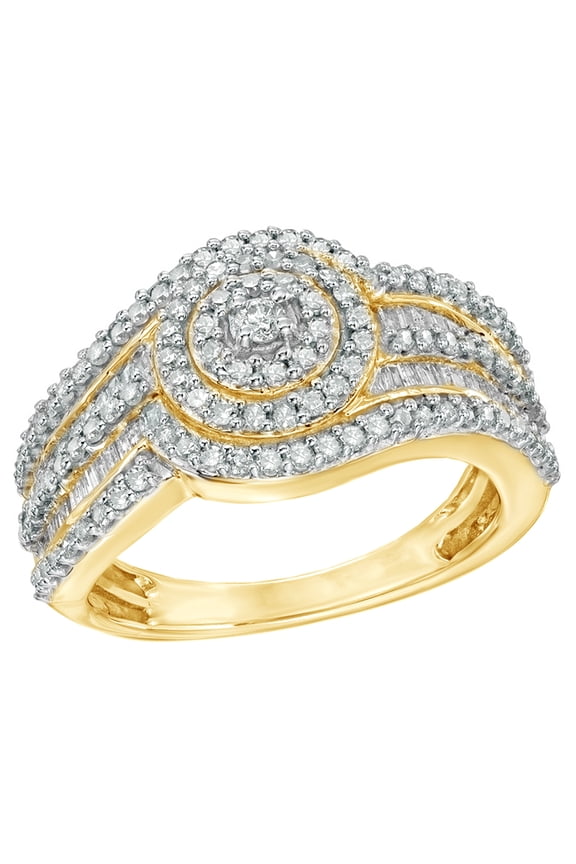 White Natural Diamond Layered Frame Wedding Ring in 10k Yellow Gold