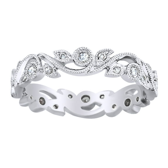 AFFY White Natural Diamond Leaf Style Eternity Band Ring In 14K White Gold (0.25 Cttw)