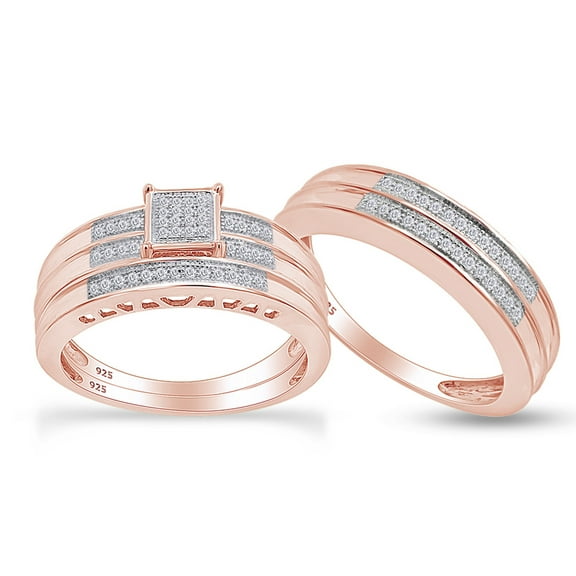 AFFY White Natural Diamond Micro-Pave Engagement & Wedding Trio Bridal Ring Set In 14k Rose Gold Over Sterling Silver (0.23 Cttw)