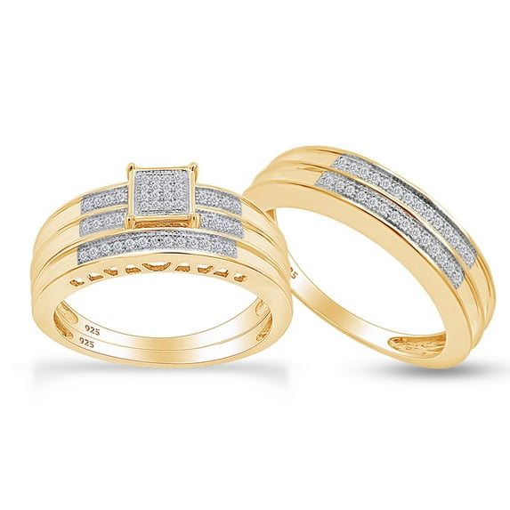 AFFY White Natural Diamond Micro-Pave Engagement & Wedding Trio Bridal Ring Set In 14k Yellow GoldOver Sterling Silver (0.23 Cttw)