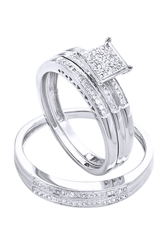 White Natural Diamond Micro-Pave Engagement & Wedding Trio Bridal Ring Set In 14k White Gold Over Sterling Silver (0.3 Cttw)