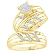 JEWEL ZONE US White Natural Diamond Micro-Pave Engagement &amp; Wedding Trio Bridal Ring Set In 14k Yellow Gold Over Sterling Silver (0.15 Cttw)
