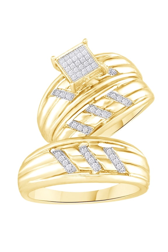 White Natural Diamond Micro-Pave Engagement & Wedding Trio Bridal Ring Set In 14k Yellow Gold Over Sterling Silver (0.15 Cttw)