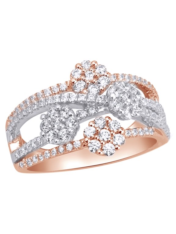 White Natural Diamond Multi Flower Split Shank Two Tone Ring in 10K Rose Gold (1 cttw)